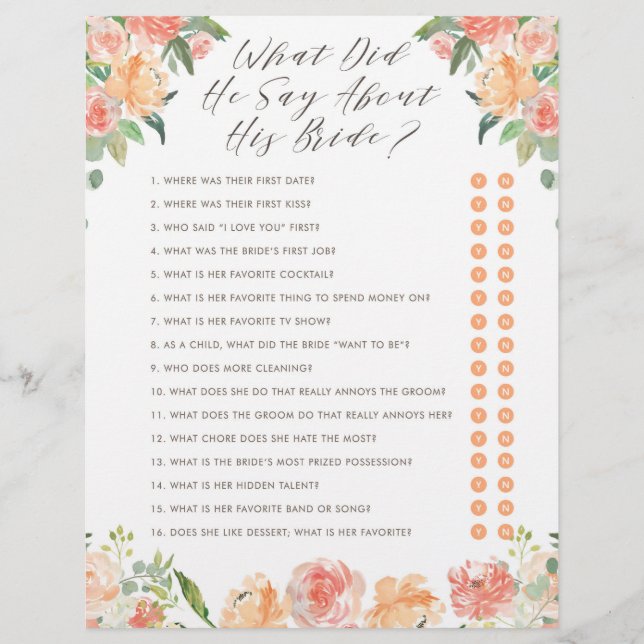 Lámina ¿Qué dijo él de su novia Juego de la ducha nupcial (Anverso)