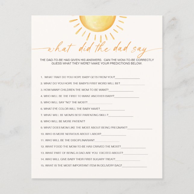 Lámina ¿Qué dijo el papá del juego de Baby Shower Sunshin (Anverso)
