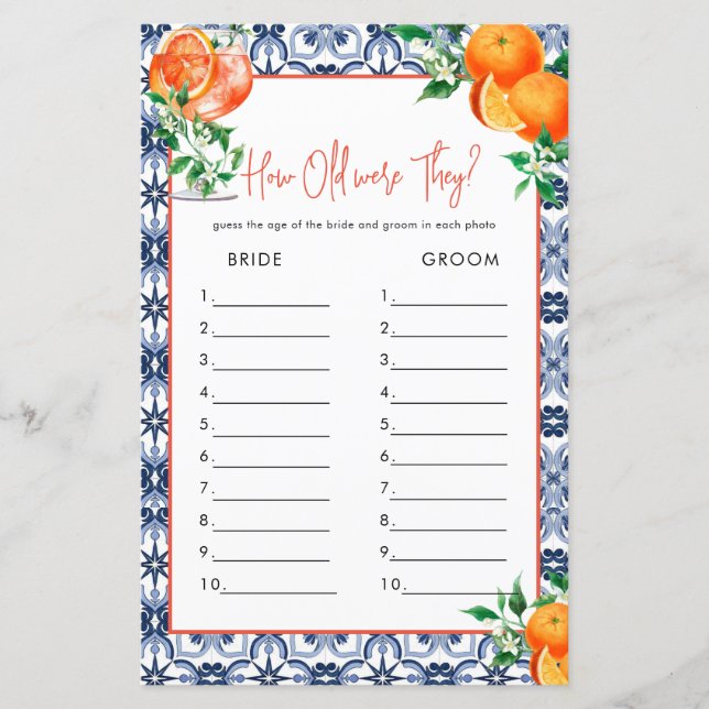 Lámina ¿Qué edad? Aperol Spritz Bridal Shower Game (Anverso)