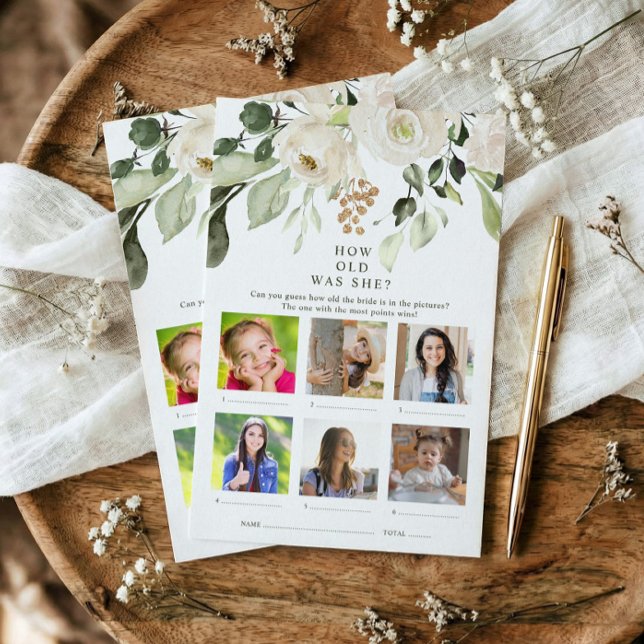 Lámina Qué Edad Tenía La Foto Floral Bridal Shower Game (Printed bridal shower game - photo how old was she? White floral watercolor greenery design.)