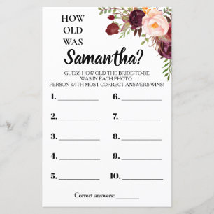 Lámina Qué edad tenía She Marsala Flores Bridal Shower Ga