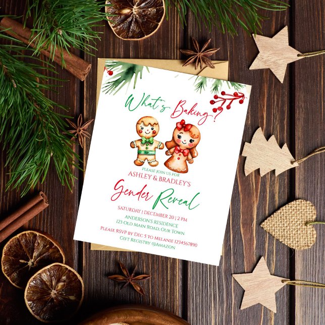 Lámina ¿Qué están haciendo los Navidades de sexo revelar  (What's baking Christmas gender reveal budget invitation gingerbread cookies boy or girl winter party)