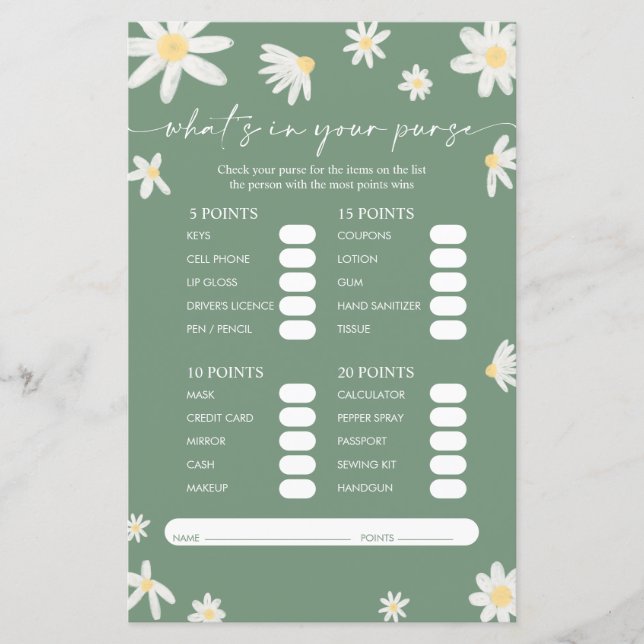 Lámina ¿Qué hay en el juego Baby Shower de tu cartera? (Anverso)