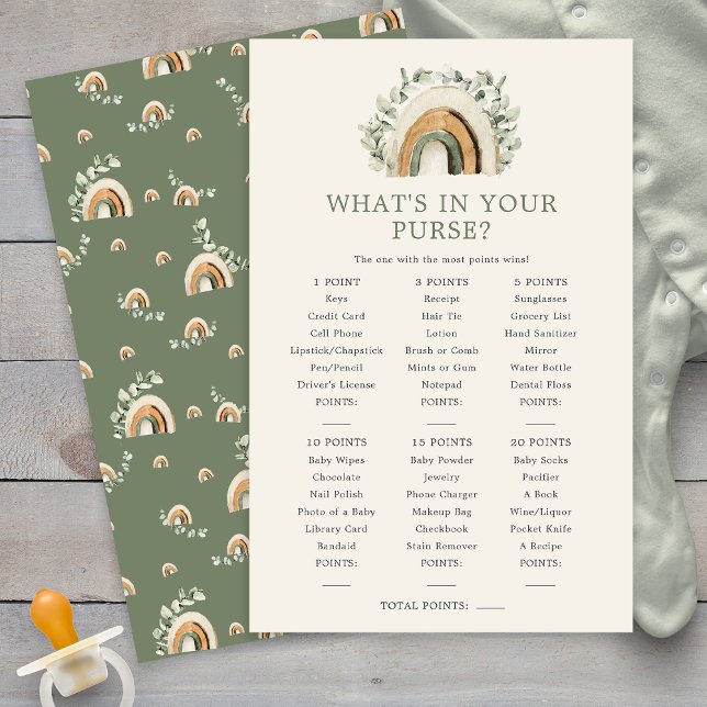 Lámina ¿Qué Hay En Tu Bolso Bebé Juego? (Watercolor Sage Green Rainbow Boho What's In Your Purse Baby Game Card by Painted Paperie
)