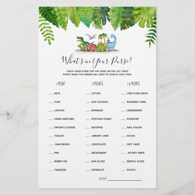 Lámina ¿Qué hay en tu bolso del juego de Baby Shower Dino (Anverso)