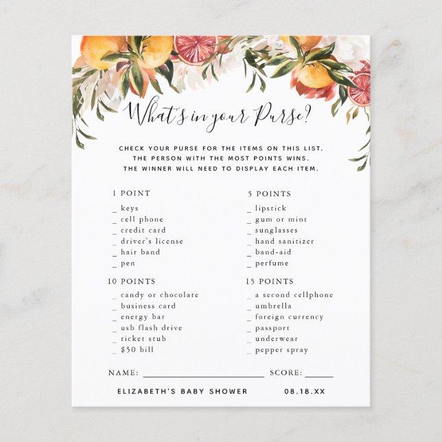Lámina ¿Qué hay en tu bolso? | Juego Baby Shower (Anverso)