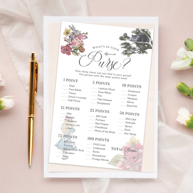 Lámina Qué hay en tu bolso juego de ducha Alice Wonderlan (What's in Your Purse Alice Wonderland Shower Game)