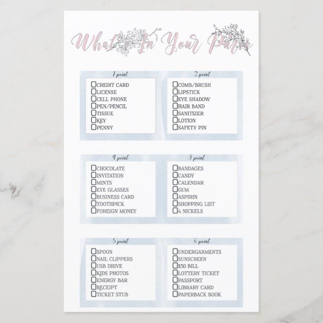 Lámina Qué hay en tu bolso juego de ducha de novia botáni (Anverso)