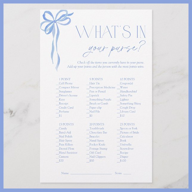 Lámina ¿Qué hay en tu bolso? Juego de ducha de novias Blu (Subido por el creador)