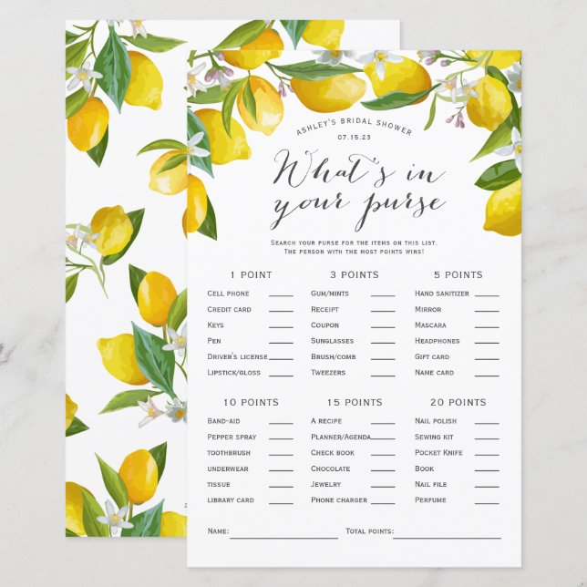 Lámina ¿Qué hay en tu bolso, Lemon Juegos de Despedida de (Anverso / Reverso)