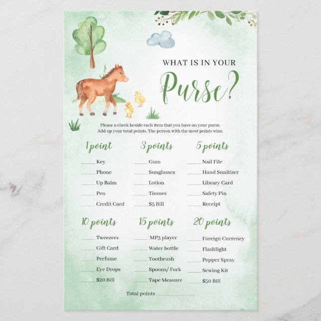 Lámina ¿Qué hay en tu bolso sobre el tema de la granja de (Anverso)