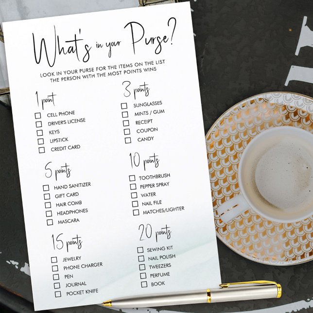 Lámina Qué hay en tu cartera juego de ducha de novia Gree (Bridal shower game to score points depending on What's in your Purse)