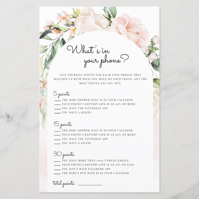 Lámina ¿Qué hay en tu juego Baby Shower para Chica Rubor  (Anverso)