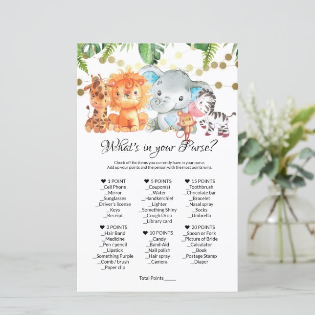 Lámina ¿Qué hay en tu juego de bolsos? Juegos Baby Shower (Anverso de pie)