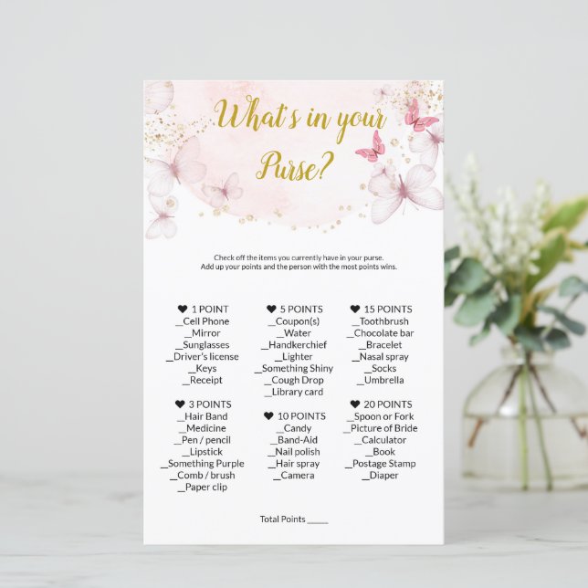 Lámina ¿Qué hay en tu juego de bolsos? Juegos Baby Shower (Anverso de pie)