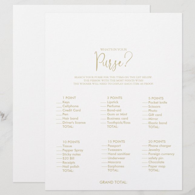 Lámina ¿Qué hay en tu juego de ducha con bolso dorado? (Anverso / Reverso)