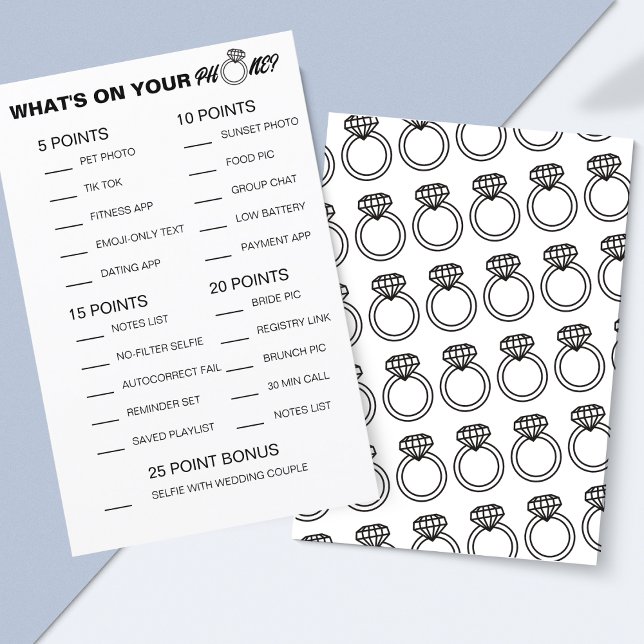 Lámina Qué hay en tu juego de teléfono - Actividad de duc (This bridal shower game is fun, easy to edit and features cute diamond rings on the back.)