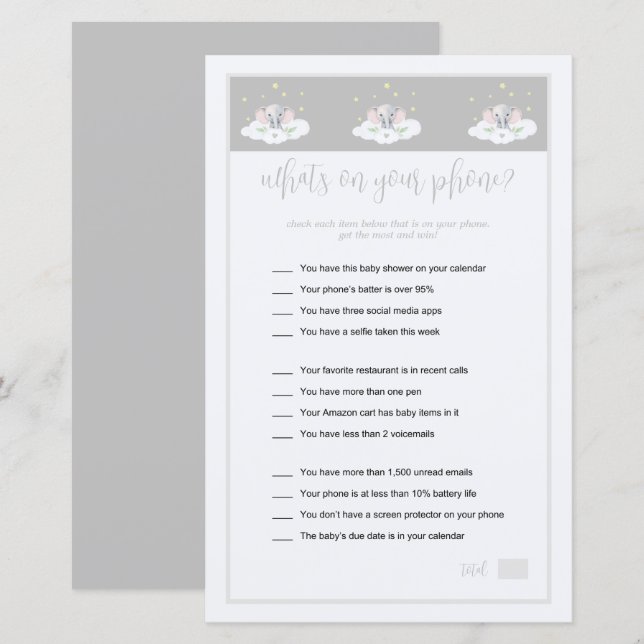 Lámina Qué hay en tu juego de teléfono Elephant Baby Show (Anverso / Reverso)