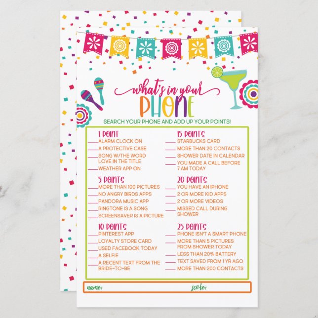 Lámina Qué hay en tu juego de teléfono - Fiesta WH (Anverso / Reverso)