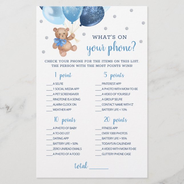 Lámina ¿Qué hay en tu juego de teléfonos Baby Shower Tedd (Anverso)
