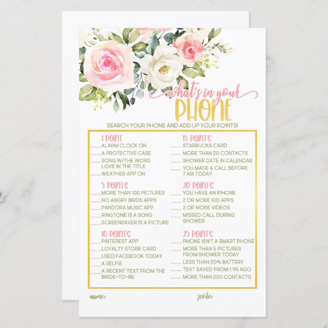 Lámina Qué hay en tu teléfono - Floral rosa y oro (Anverso / Reverso)