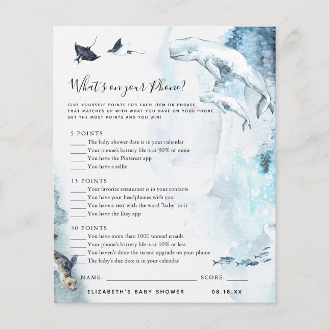Lámina Qué hay en tu teléfono | Juego Baby Shower (Anverso)