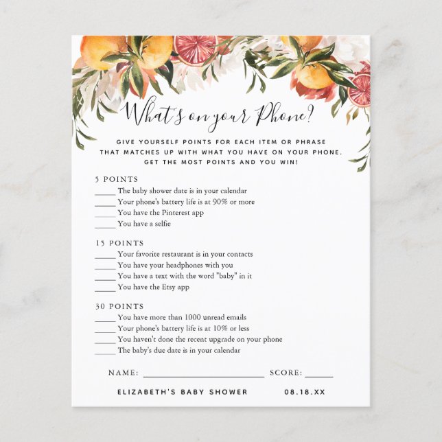 Lámina Qué hay en tu teléfono | Juego Baby Shower (Anverso)