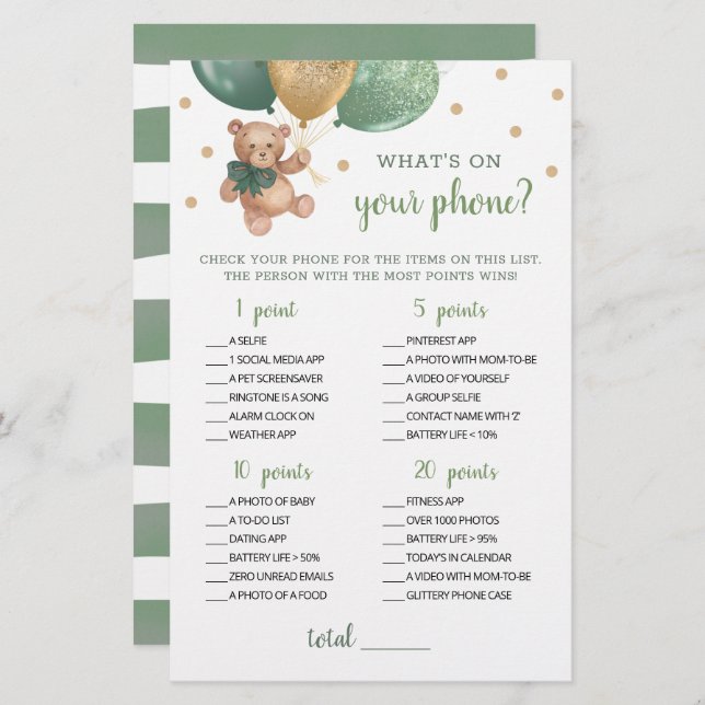 Lámina ¿Qué hay en tu teléfono? Juego de Baby Shower Tedd (Anverso / Reverso)