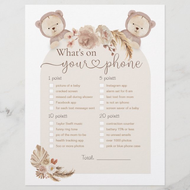 Lámina ¿Qué hay en tu teléfono? Juegos de Baby Shower (Anverso)
