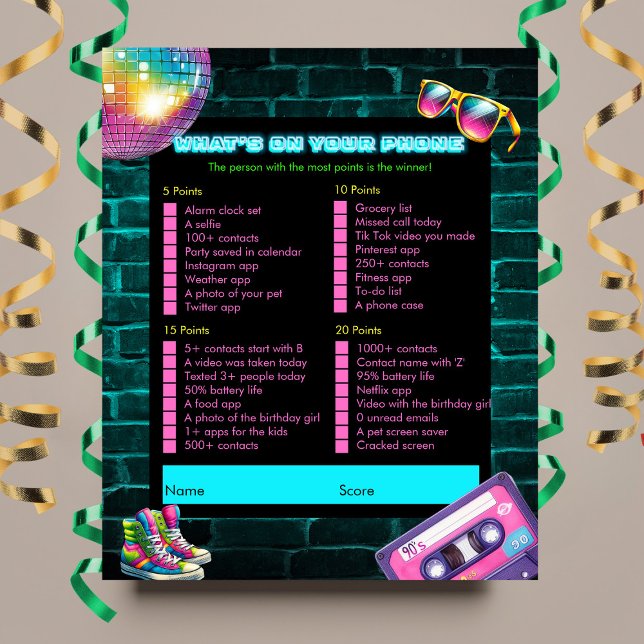 Lámina Qué hay en tu teléfono Neon Disco Juego de Cumplea (Subido por el creador)