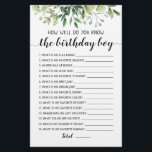 Lámina ¿Qué Tan Bien Conoce El Juego De Birthday Boy?<br><div class="desc">Compra este juego de vegetación editable y disfruta de la Trivia de Cumpleaños de alta calidad ¡Qué bien conoces la tarjeta de cumpleaños para tu evento! Esta es una plantilla de juego,  ¡Puedes cambiar las preguntas como quieras! El diseño de las hojas de color agua verde.</div>