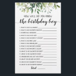 Lámina ¿Qué Tan Bien Conoce El Juego De Birthday Boy?<br><div class="desc">Compra este juego de vegetación editable y disfruta de la Trivia de Cumpleaños de alta calidad ¡Qué bien conoces la tarjeta de cumpleaños para tu evento! Esta es una plantilla de juego,  ¡Puedes cambiar las preguntas como quieras! El diseño de las hojas de color agua verde.</div>