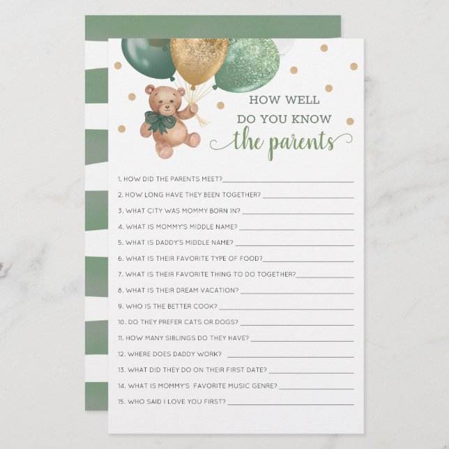 Lámina ¿Qué Tan Bien Conoce El Juego De Padres Teddy Bear (Anverso / Reverso)