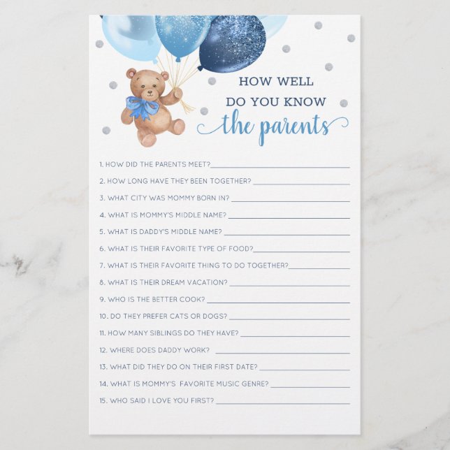 Lámina ¿Qué Tan Bien Conoce El Juego De Padres Teddy Bear (Anverso)