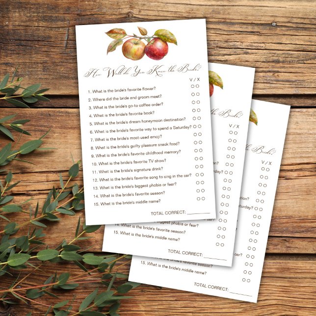 Lámina ¿Qué tan bien conoces el juego de la caída de manz (How well do you know the bride apple fall bridal shower game card bridal shower games)