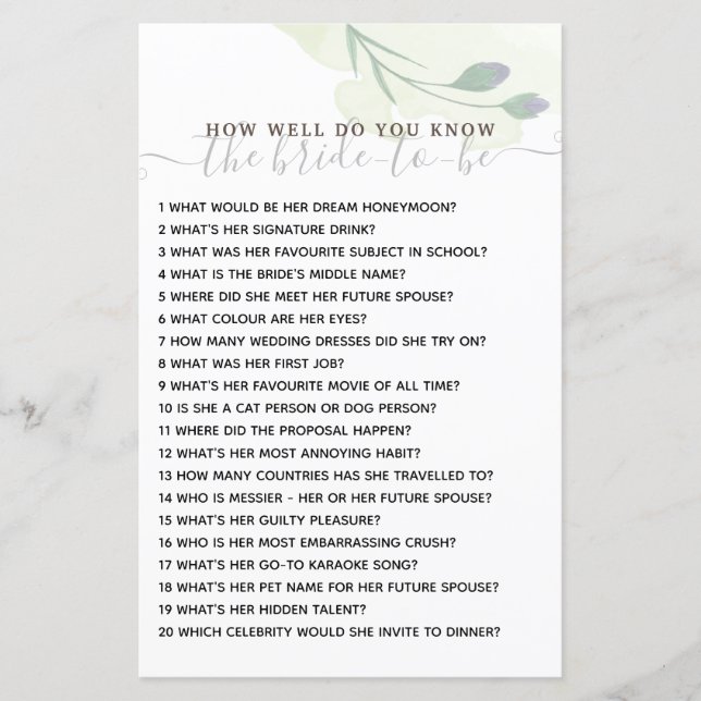 Lámina ¿Qué tan bien conoces el juego de la ducha de novi (Anverso)