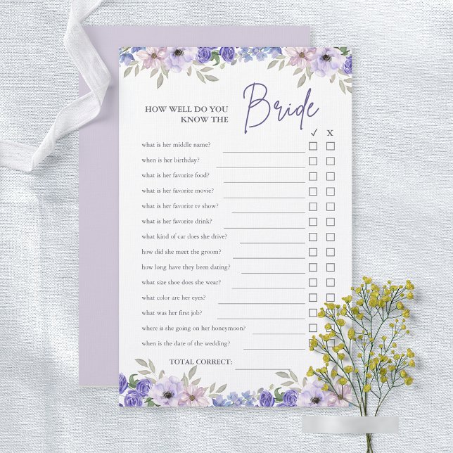 Lámina ¿Qué tan bien conoces el juego de la ducha de novi (How Well Do You Know The Bride Bridal Shower Game)