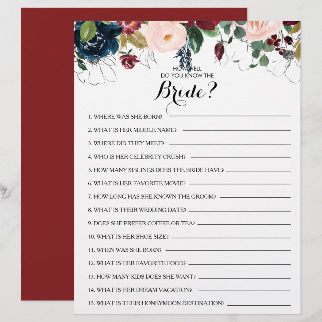 Lámina ¿Qué tan bien conoces el juego de la ducha de novi (Anverso / Reverso)