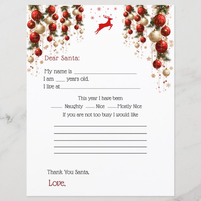 Lámina Querida Carta de Santa Adornos Rojos Dorados Árbol (Anverso)
