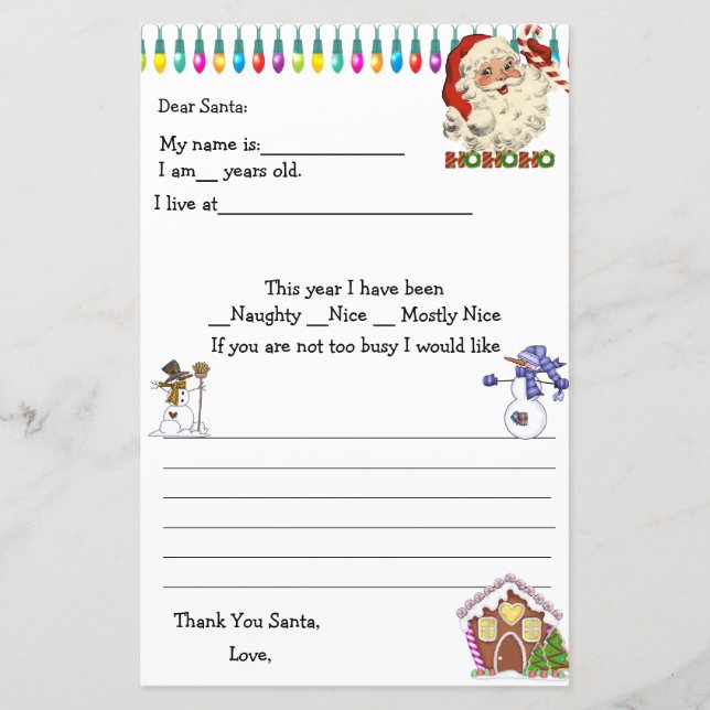 Lámina Querida Santa Carta, hombres de nieve, Santa Claus (Anverso)