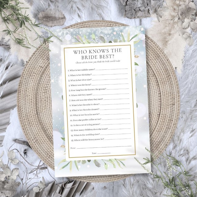 Lámina Quién conoce a la novia mejor juego de ducha de no (Who Knows The Bride Best Winter Bridal Shower Game)