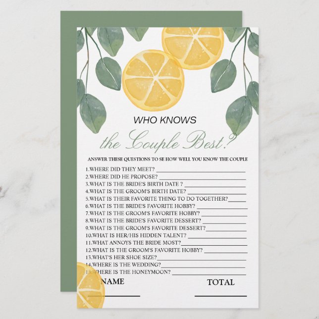 Lámina Quién conoce a la pareja mejor juego de novias lim (Anverso / Reverso)