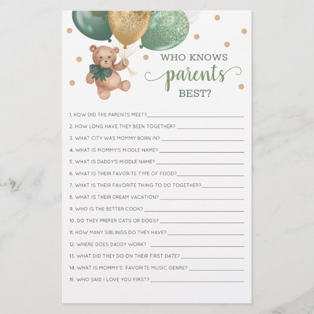 Lámina Quién conoce a los padres mejor juego Teddy Bear (Anverso)