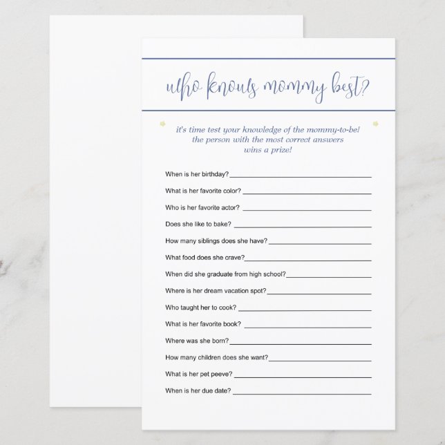 Lámina Quien conoce a mamá mejor adivina juego Stars Blue (Anverso / Reverso)