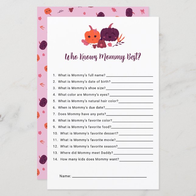 Lámina Quién conoce a mamá mejor calabaza pequeña Baby Sh (Anverso / Reverso)