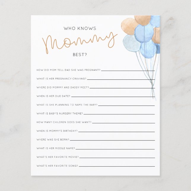 Lámina Quién conoce a mamá mejor juego de Baby Shower (Anverso)