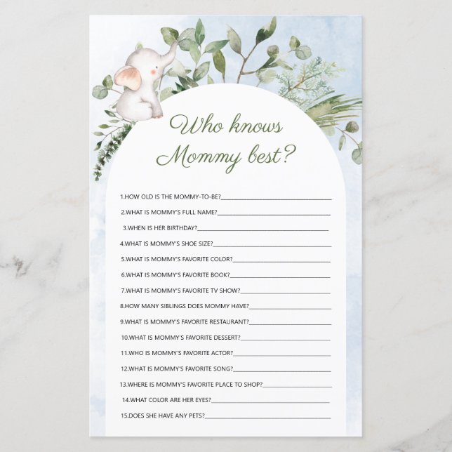 Lámina Quién conoce a mamá mejor juego de Baby Shower azu (Anverso)