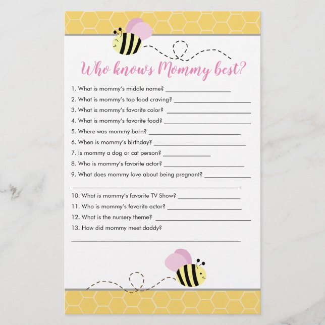 Lámina Quién conoce a mamá mejor juego de Baby Shower Bum (Anverso)