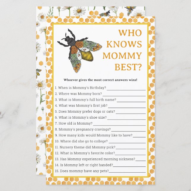 Lámina Quién conoce a mamá mejor juego de Baby Shower | H (Anverso / Reverso)