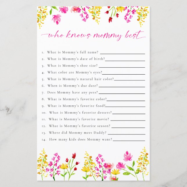 Lámina Quien conoce a mamá Wildflowers Juego de Baby Show (Anverso)